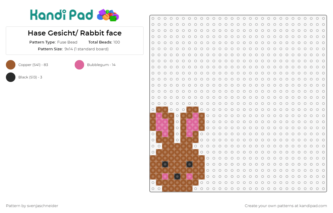 Hase Gesicht/ Rabbit face - Fuse Bead Pattern by svenjaschneider on Kandi Pad - rabbit,bunny,face,animal,woodland,whimsy,cute,cuddly,charming,brown
