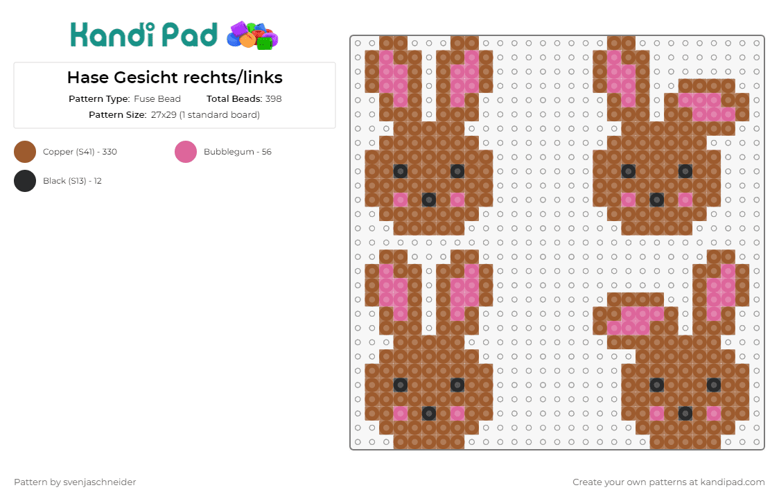 Hase Gesicht rechts/links - Fuse Bead Pattern by svenjaschneider on Kandi Pad - bunny,rabbits,face,cute,playful,charming,whimsy,joy,innocence,brown