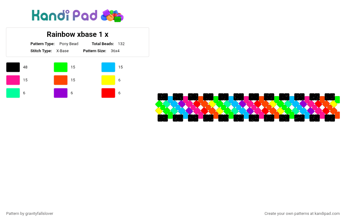 Rainbow xbase 1 x - Pony Bead Pattern by gravityfallslover on Kandi Pad - green,light blue,pink,red,orange,yellow,blue,purple,rainbow