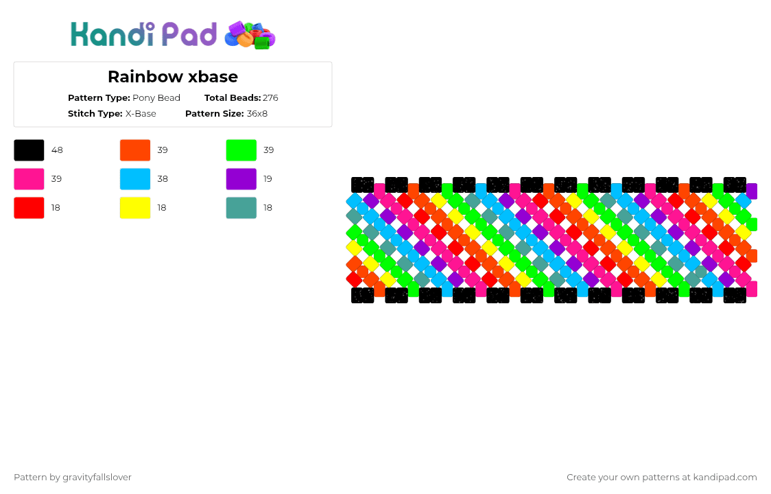 Rainbow xbase - Pony Bead Pattern by gravityfallslover on Kandi Pad - red,green,light blue,pink,rainbow,orange,yellow,blue,purple