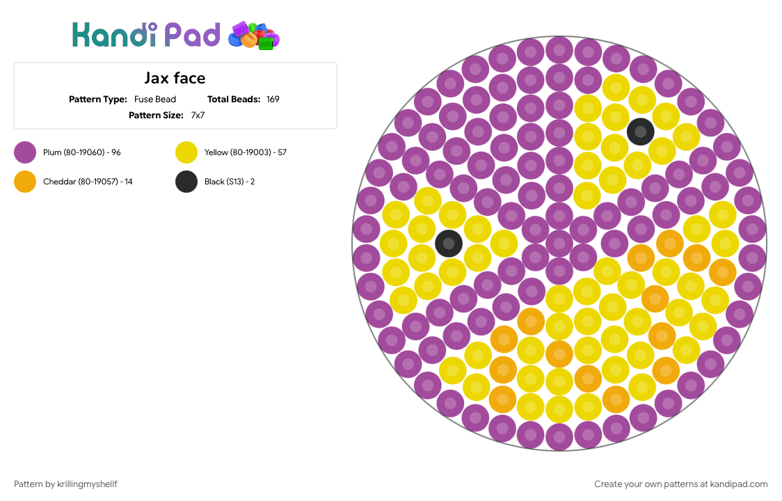 Jax face - Fuse Bead Pattern by krillingmyshellf on Kandi Pad - jax, pink, tadc, tadc charm, tadc jax, the amazing digital circus, yellow
