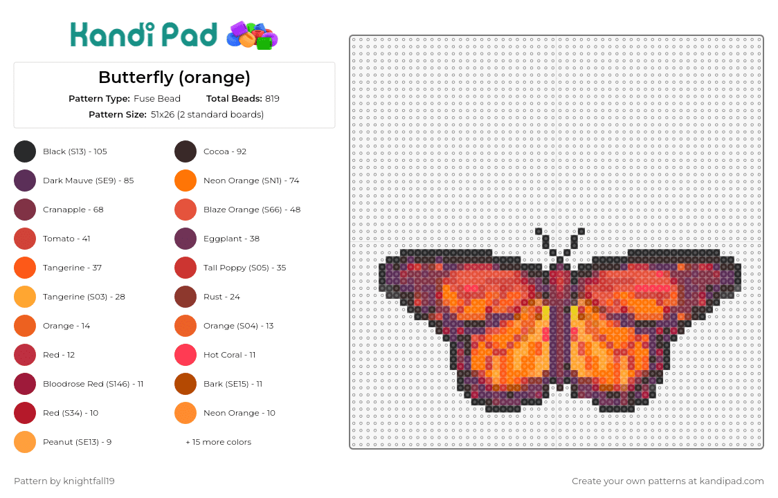 Butterfly (orange) - Fuse Bead Pattern by knightfall19 on Kandi Pad - butterfly,fiery,insect,moth,nature,flutter,wings,delicate,vibrant,orange