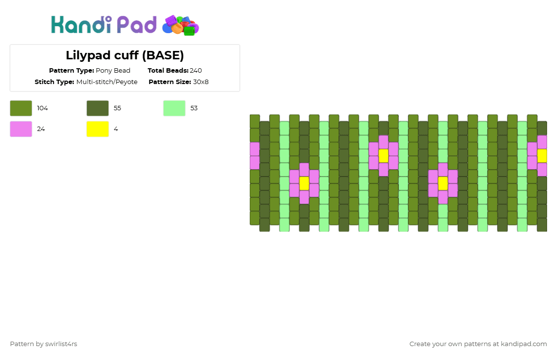 Lilypad cuff (BASE) - Pony Bead Pattern by swirlist4rs on Kandi Pad - gold,green,teal,lilypad,frog,froggy,pink,flower
