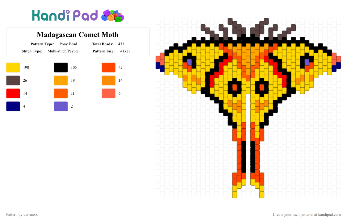 Madagascan Comet Moth - Pony Bead Pattern by cursaaxx on Kandi Pad - red,yellow