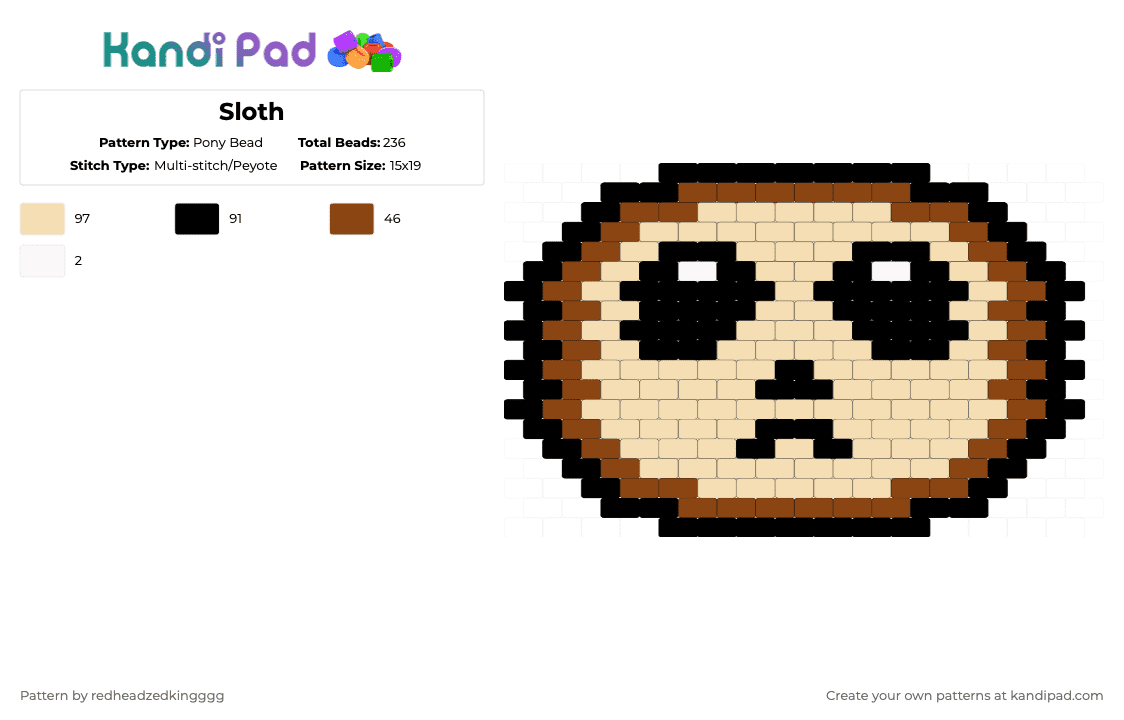 Sloth - Pony Bead Pattern by redheadzedkingggg on Kandi Pad - red,beige,animal,sloth