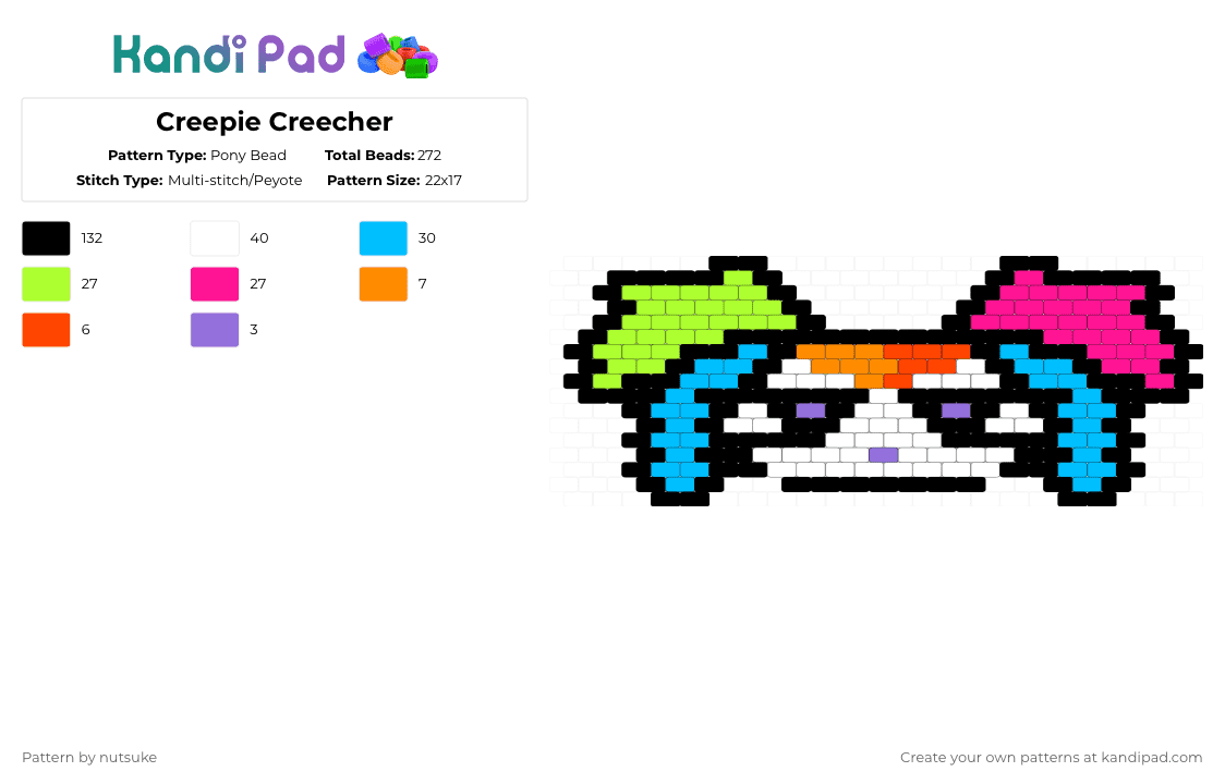 Creepie Creecher - Pony Bead Pattern by nutsuke on Kandi Pad - black,light blue,green,pink,character,cute,creepy,goth