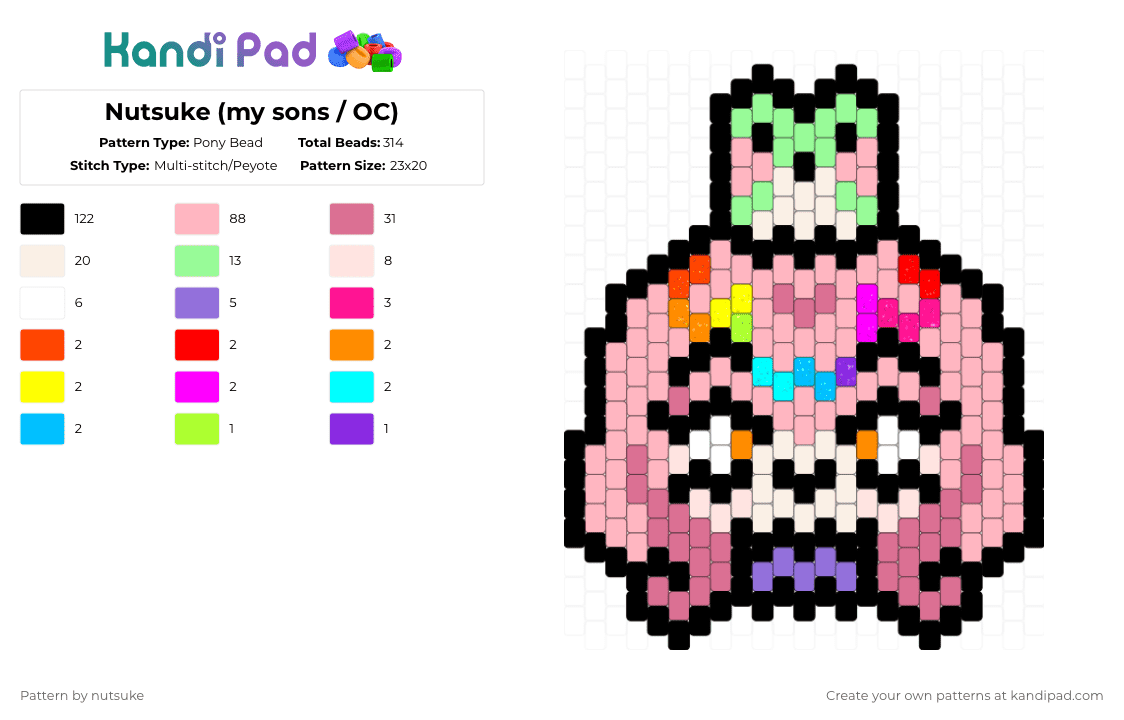Nutsuke (my OC) - Pony Bead Pattern by nutsuke on Kandi Pad - pink,oc,original character,anime,chibi,cute,rainbow,kawaii,silly