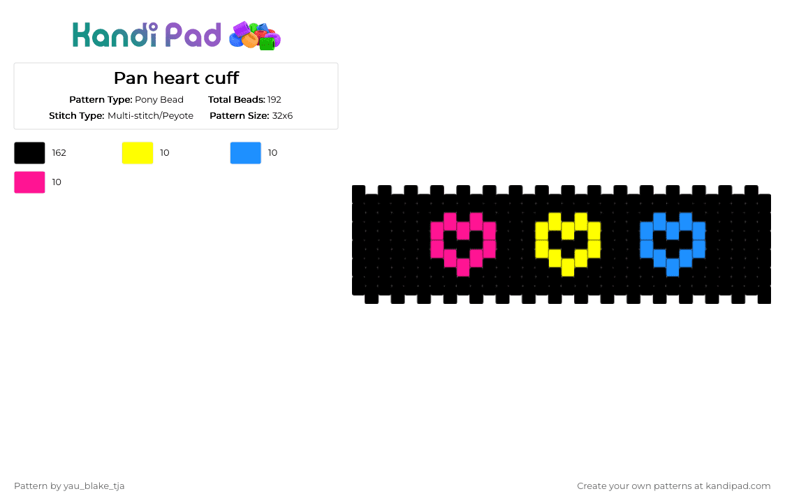 Pan heart cuff - Pony Bead Pattern by yau_blake_tja on Kandi Pad - black,yellow,light blue,pink