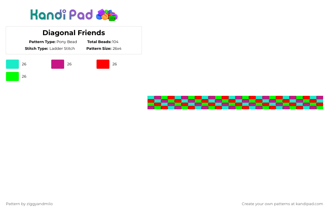 Diagonal Friends - Pony Bead Pattern by ziggyandmilo on Kandi Pad - teal,pink,red,green,friendship bracelet,blue,purple