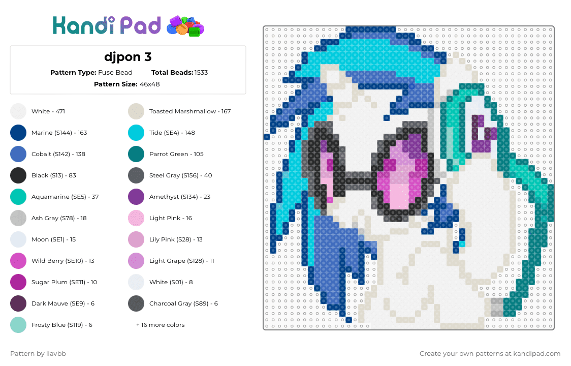 djpon 3 - Fuse Bead Pattern by liavbb on Kandi Pad - blue,light blue,beige,teal,mlp,my little pony,dj pon3,vinyl scratch