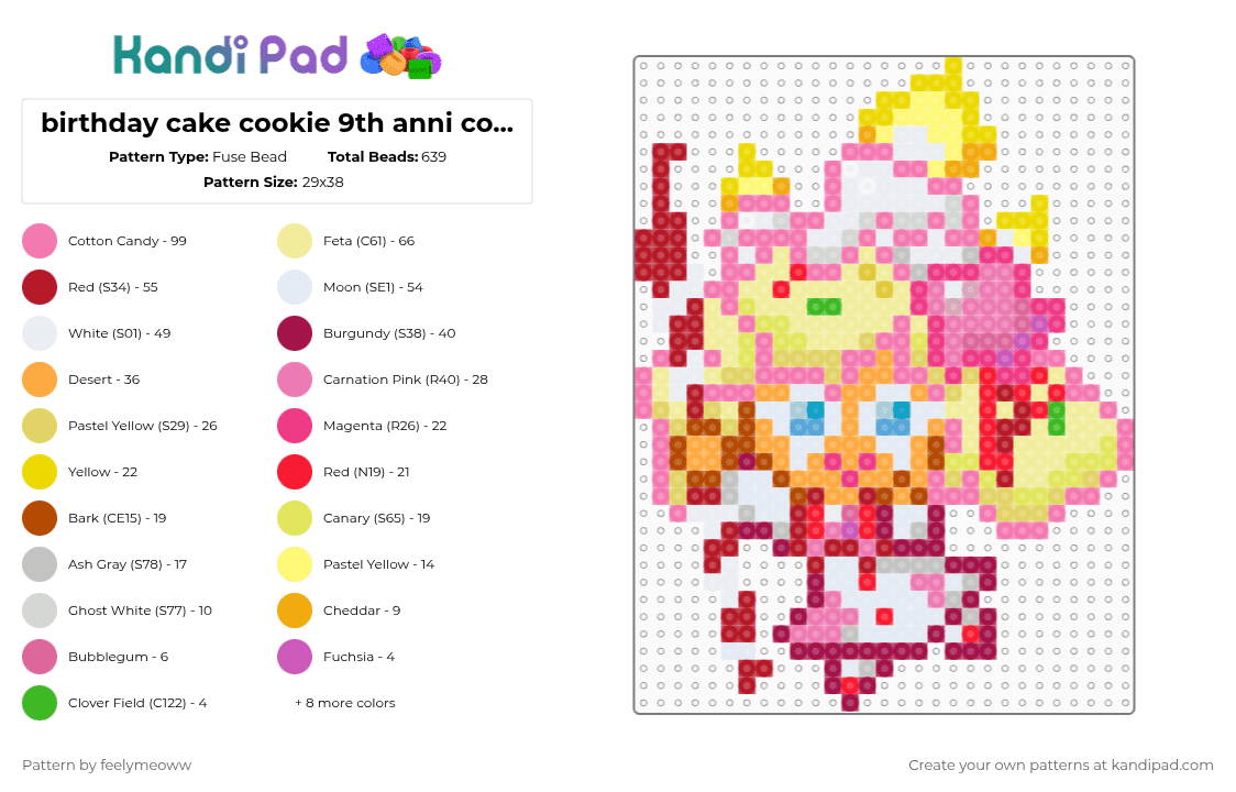 birthday cake cookie 9th anni costume (crob) - Fuse Bead Pattern by feelymeoww on Kandi Pad - pink,red,yellow,cookie run,crob,cookie run ovenbreak,birthday cake cookie,video game