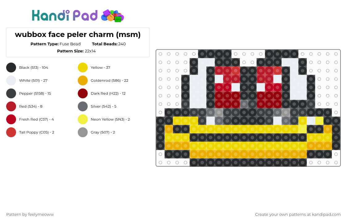 wubbox face peler charm (msm) - Fuse Bead Pattern by feelymeoww on Kandi Pad - black,yellow,red,msm,my singing monsters,wubbox,perler,charm,one pegboard,vidoe game