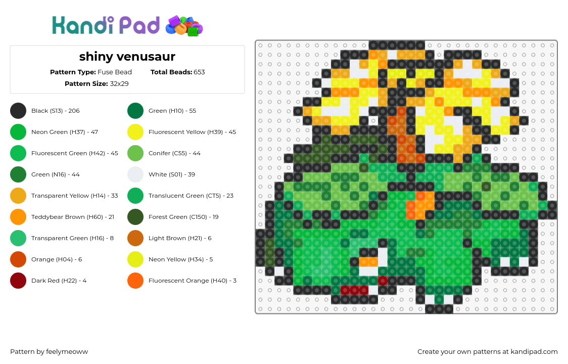 shiny venusaur - Fuse Bead Pattern by feelymeoww on Kandi Pad - venusaur,pokemon,palm tree,character,gaming,evolution,green,yellow