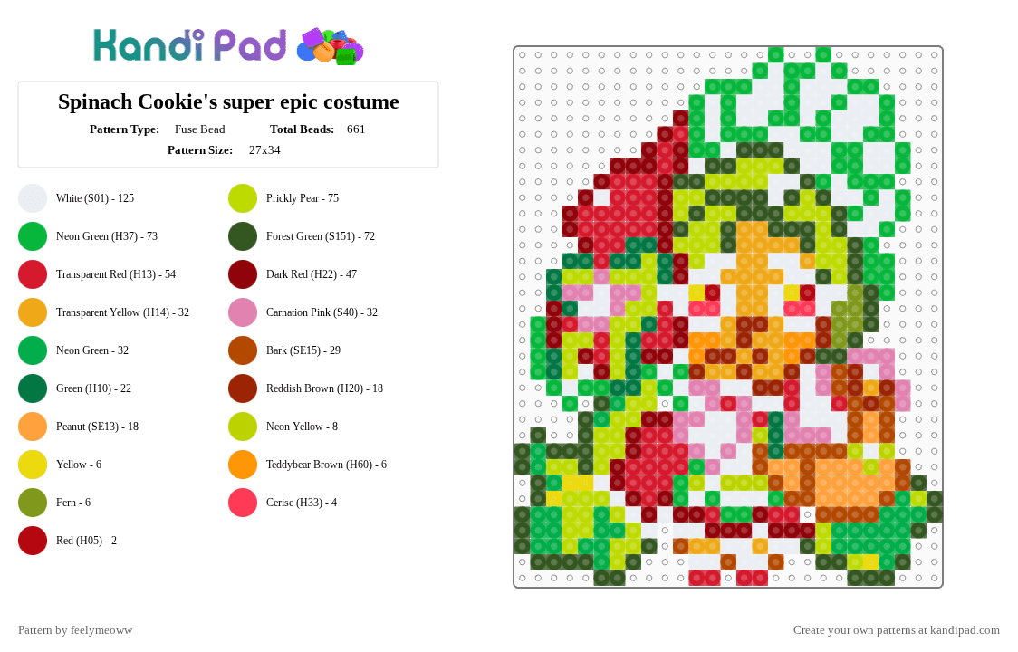 Spinach Cookie\'s super epic costume - Fuse Bead Pattern by feelymeoww on Kandi Pad - green,red,crob,cookie run,cookie run ovenbreak,spinach cookie,fandom,mobile game,perler,2 peg boards