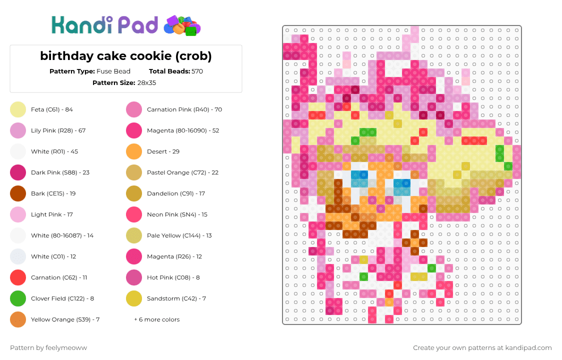 birthday cake cookie (crob) - Fuse Bead Pattern by feelymeoww on Kandi Pad - orange,pink,yellow,crob,cookie run ovenbreak,two pegboards,cookie run,birthday cake cookie