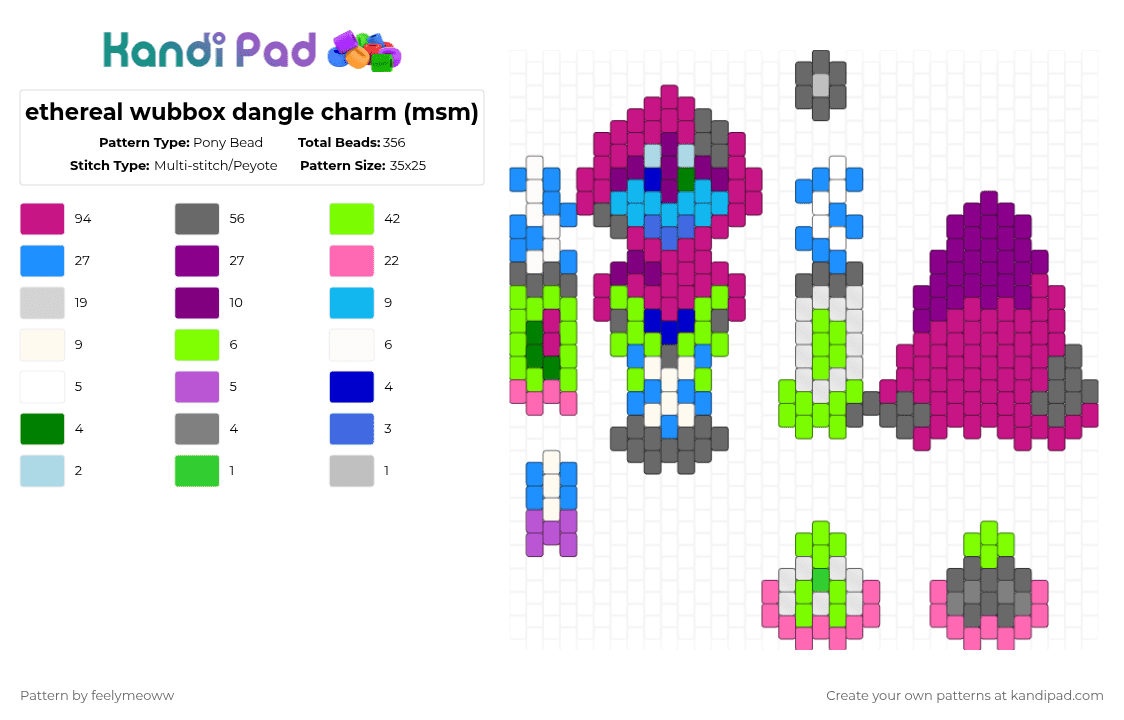 ethereal wubbox dangle charm (msm) - Pony Bead Pattern by feelymeoww on Kandi Pad - green,pink,gray,my singing monsters,msm,video game,dangel charm,multi stitch,wubbox,epic ethereal wubbox