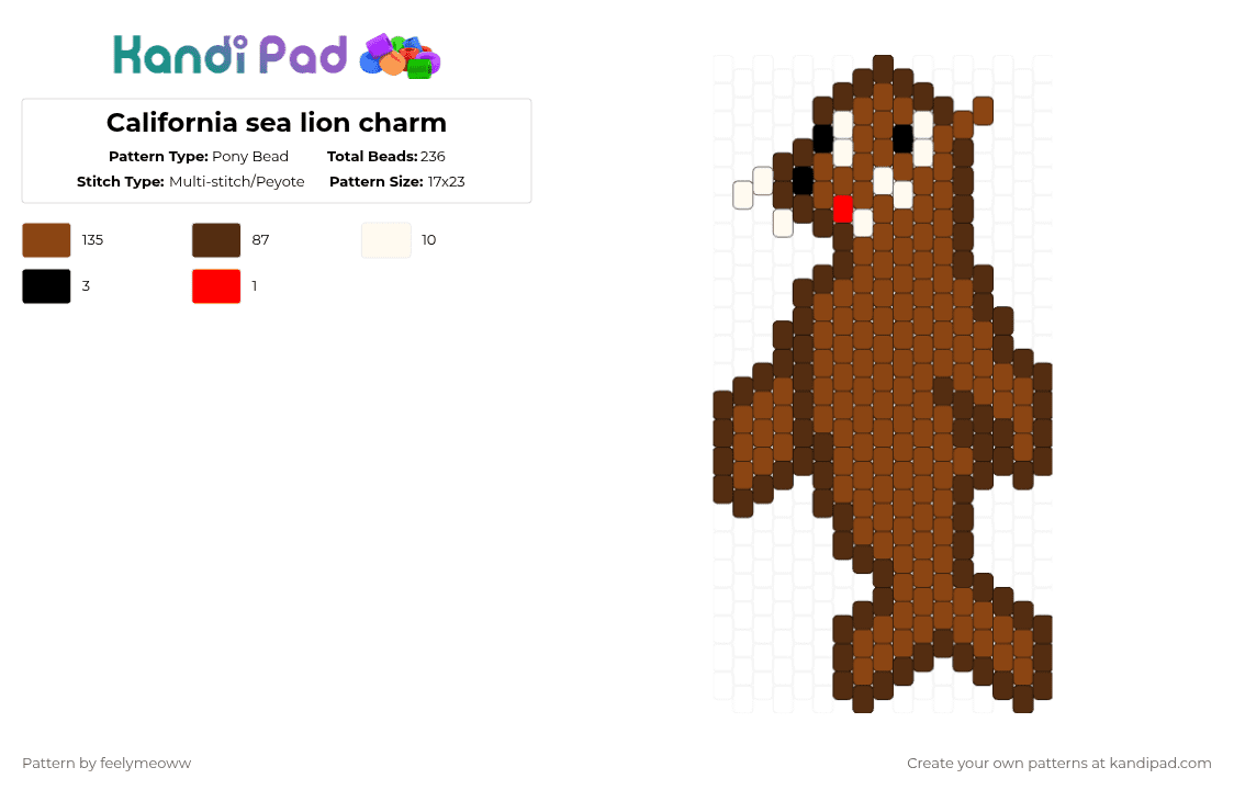 California sea lion charm - Pony Bead Pattern by feelymeoww on Kandi Pad - brown,red,sea lion,california sea lion,ocean,charm,pony beads,therian