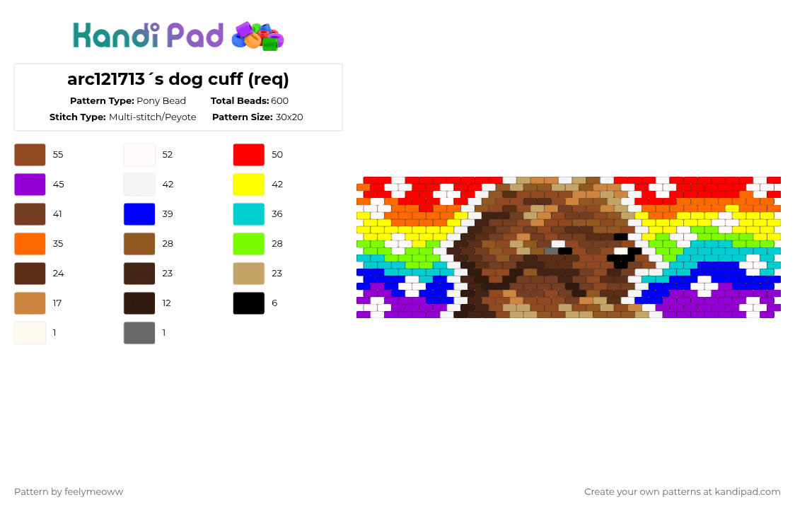 arc121713´  s dog cuff (req) - Pony Bead Pattern by feelymeoww on Kandi Pad - red,brown,orange,purple,dog,peyote,large cuff,rainbow,req,request,canine,cute