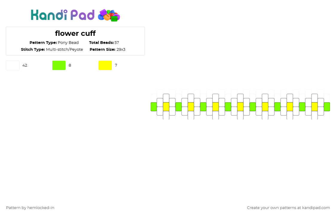 flower cuff - Pony Bead Pattern by hemlocked-in on Kandi Pad - white,green,yellow,flower,nature