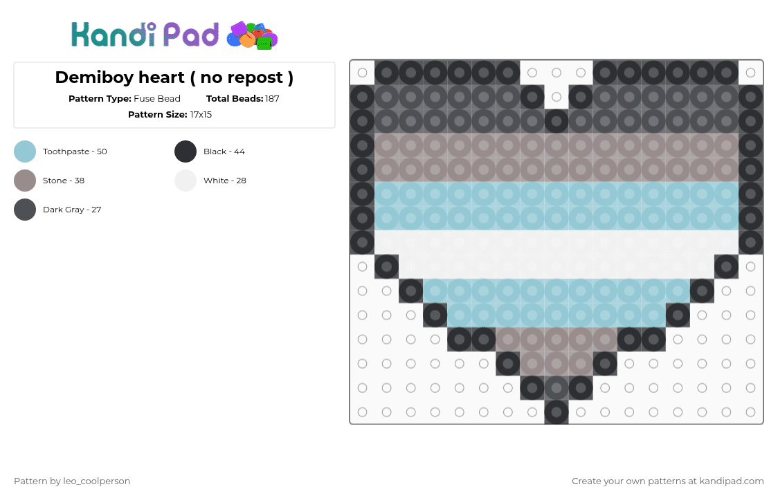 Demiboy heart ( no repost ) - Fuse Bead Pattern by leo_coolperson on Kandi Pad - gray,light blue,pride,demiboy pride