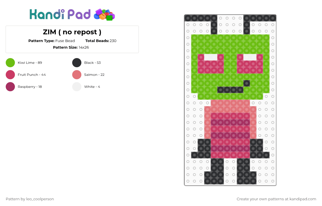 ZIM ( no repost ) - Fuse Bead Pattern by leo_coolperson on Kandi Pad - green,pink,invader zim