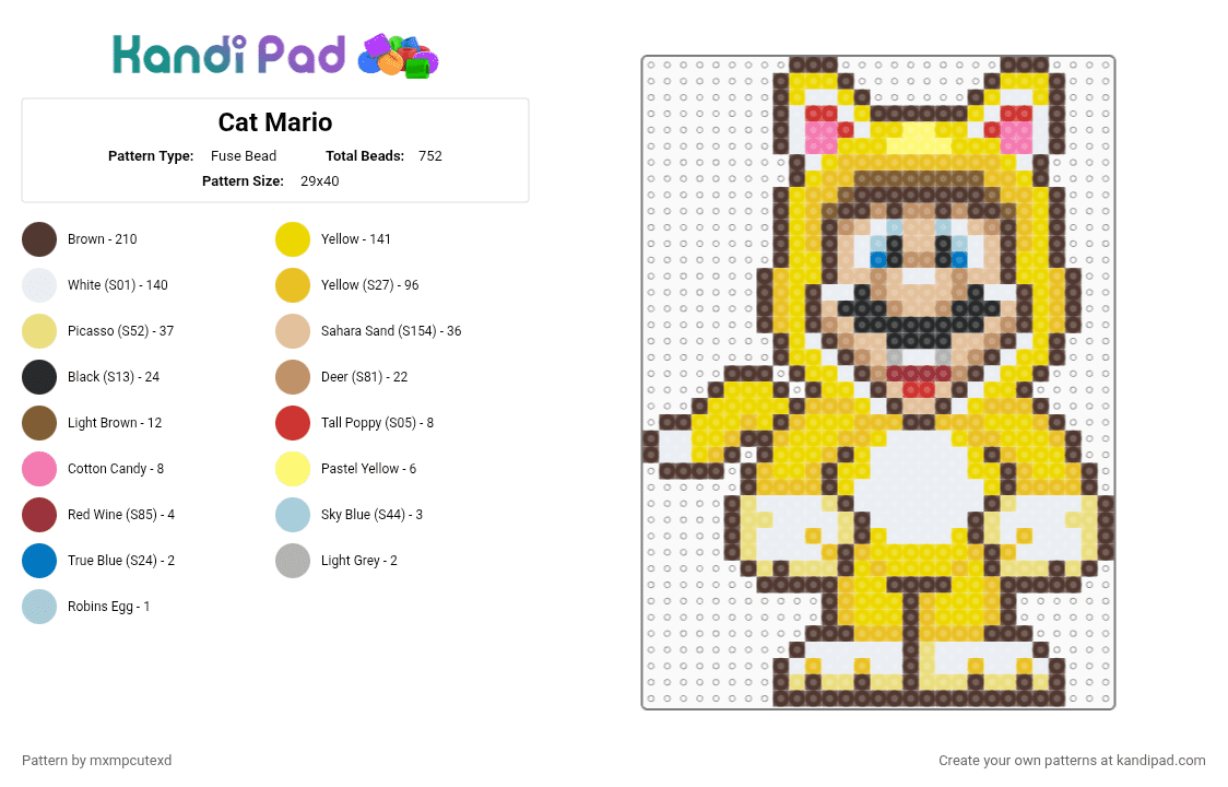 Cat Mario - Fuse Bead Pattern by mxmpcutexd on Kandi Pad - brown,yellow