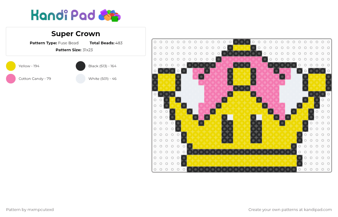 Super Crown - Fuse Bead Pattern by mxmpcutexd on Kandi Pad - crown,mario,nintendo,super crown,video game,gaming,yellow,pink