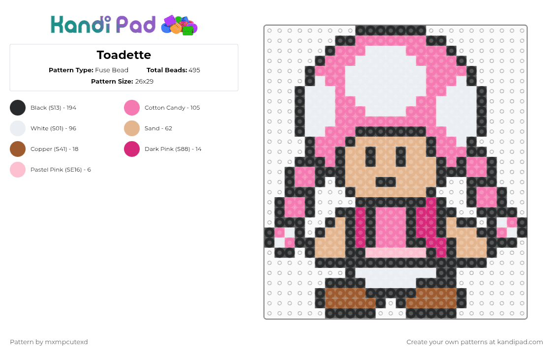 Toadette - Fuse Bead Pattern by mxmpcutexd on Kandi Pad - pink