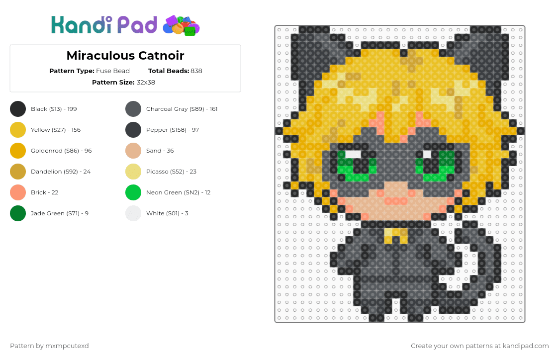 Miraculous Catnoir - Fuse Bead Pattern by mxmpcutexd on Kandi Pad - gray,yellow,orange