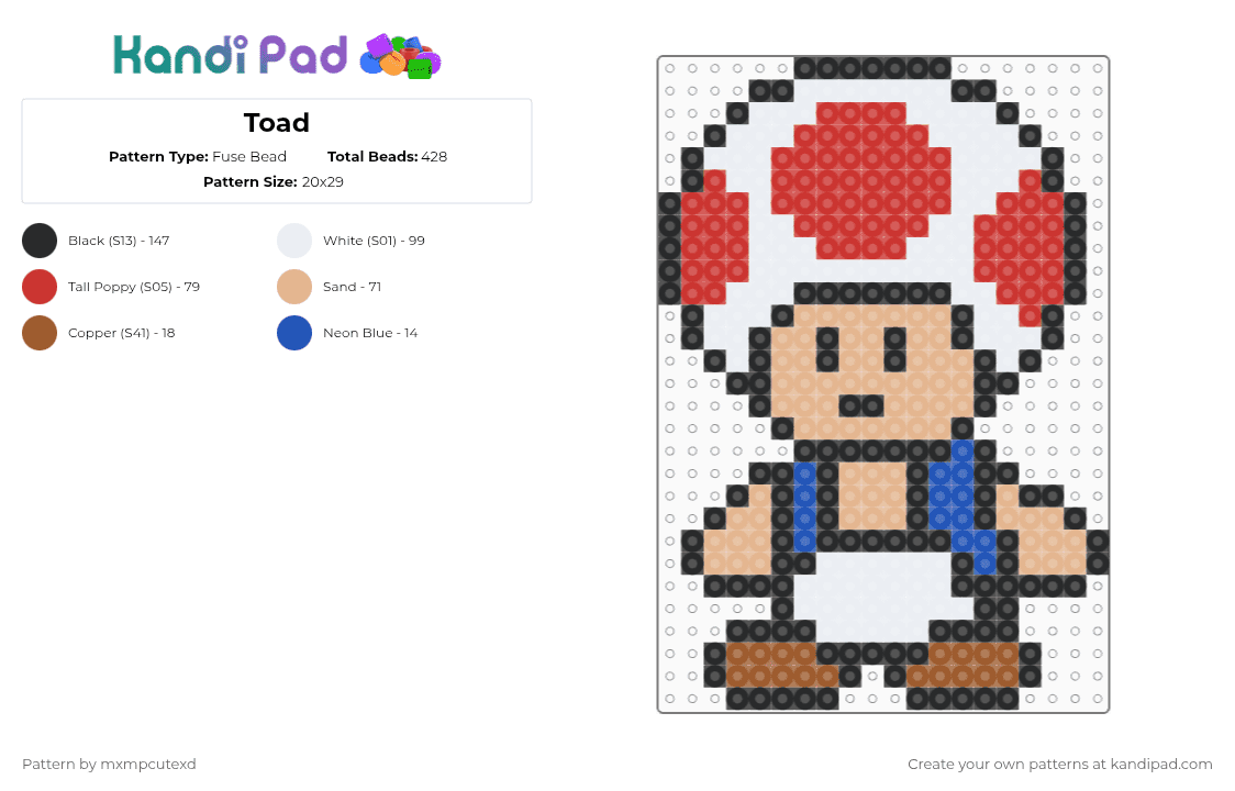 Toad - Fuse Bead Pattern by mxmpcutexd on Kandi Pad - beige,red