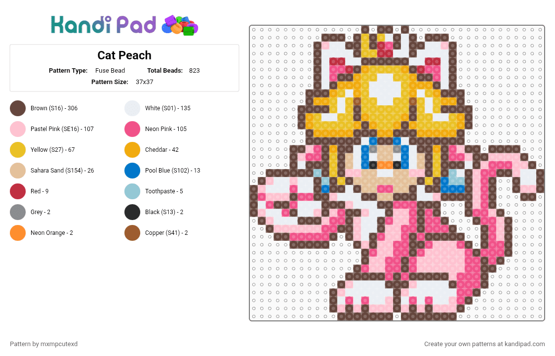 Cat Peach - Fuse Bead Pattern by mxmpcutexd on Kandi Pad - brown,yellow,pink