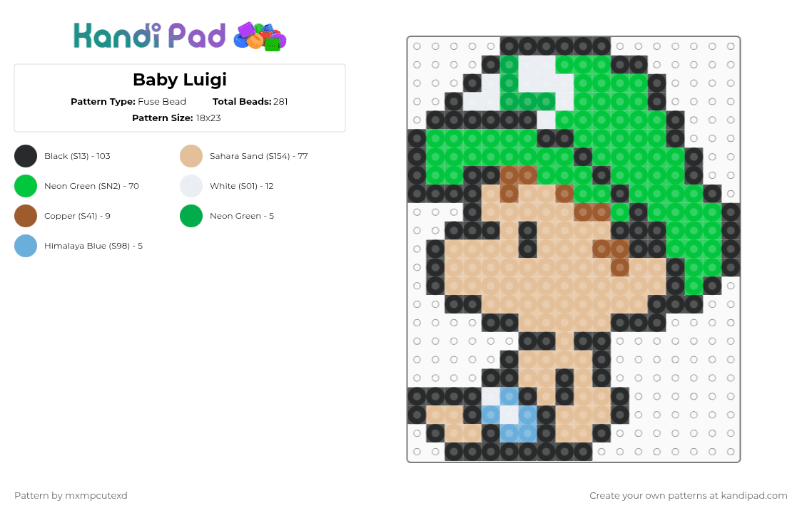 Baby Luigi - Fuse Bead Pattern by mxmpcutexd on Kandi Pad - green,beige