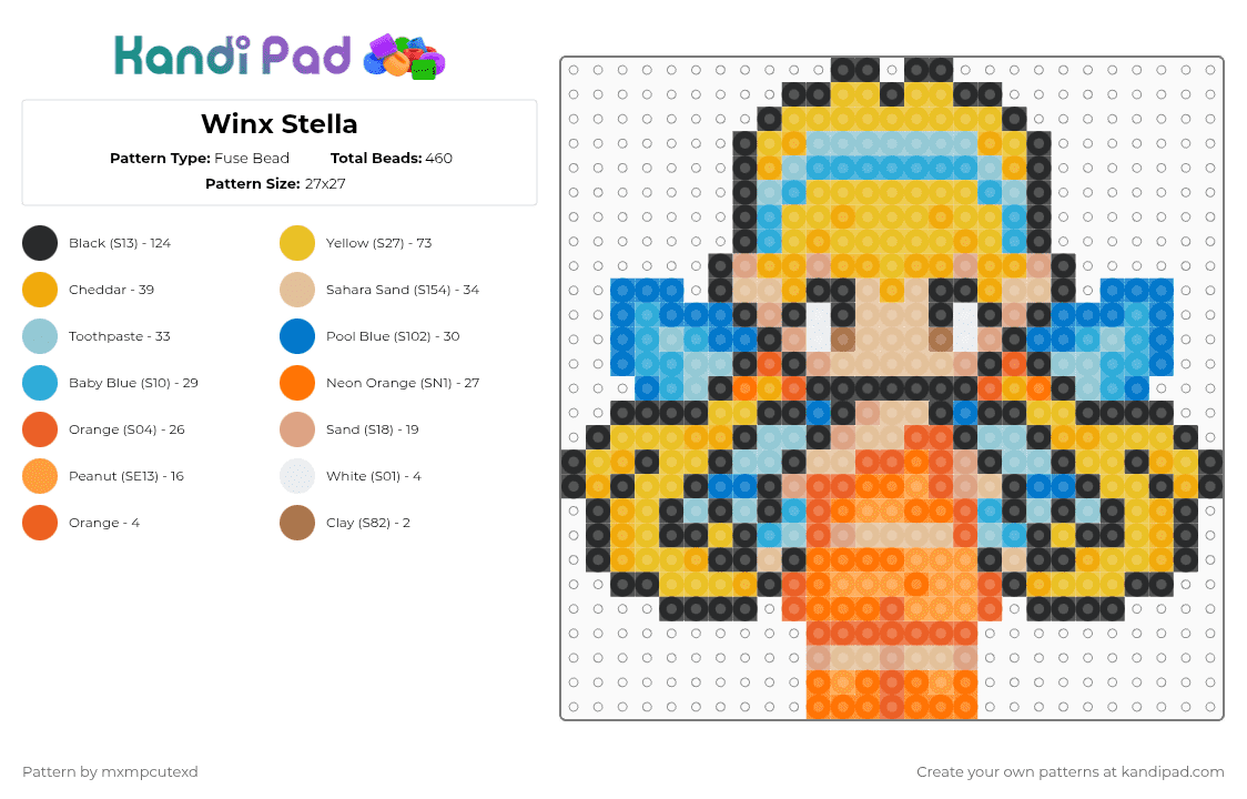 Winx Stella - Fuse Bead Pattern by mxmpcutexd on Kandi Pad - yellow,orange,light blue,beige