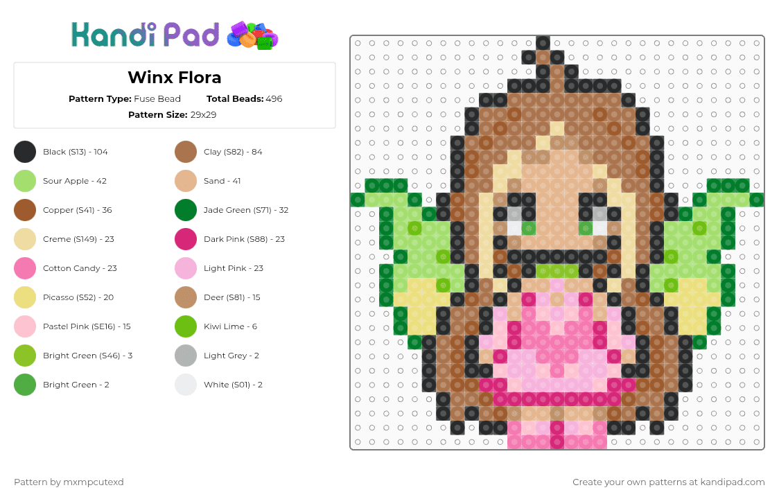 Winx Flora - Fuse Bead Pattern by mxmpcutexd on Kandi Pad - green,tan,pink