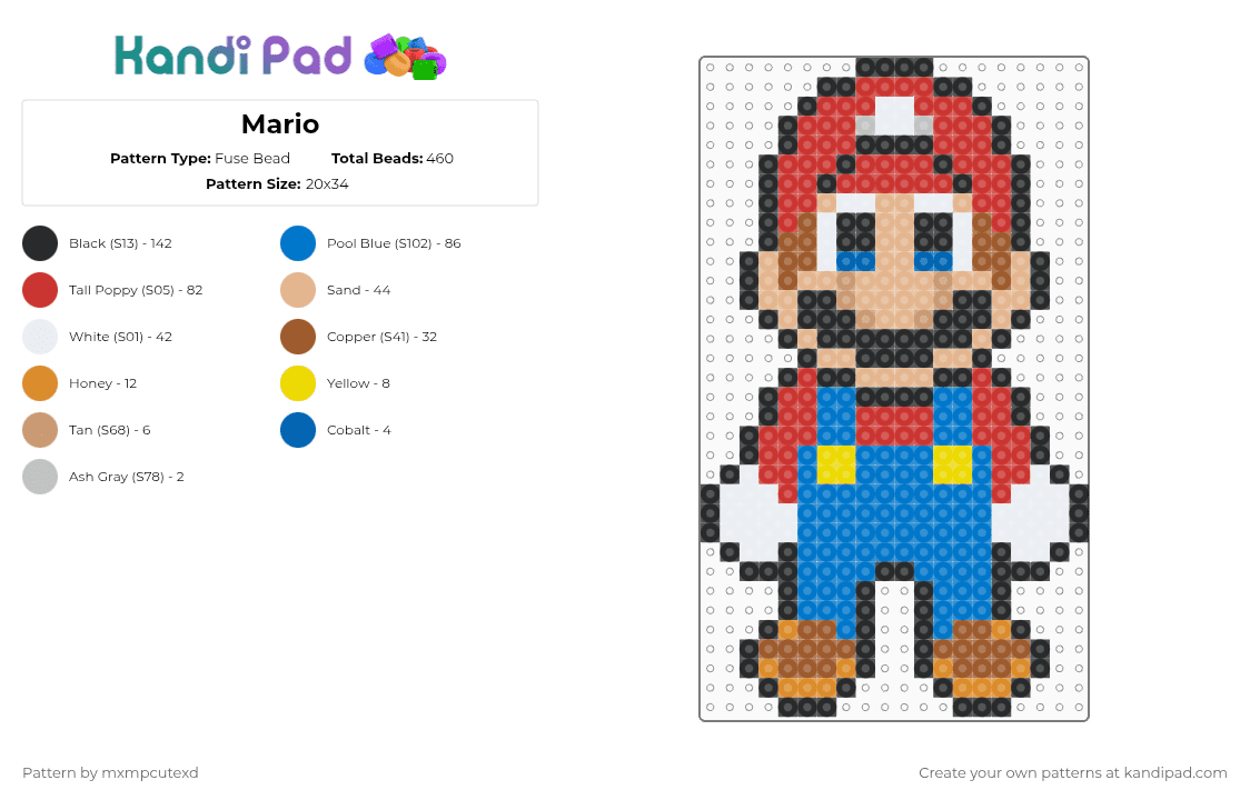 Mario - Fuse Bead Pattern by mxmpcutexd on Kandi Pad - red,blue,beige