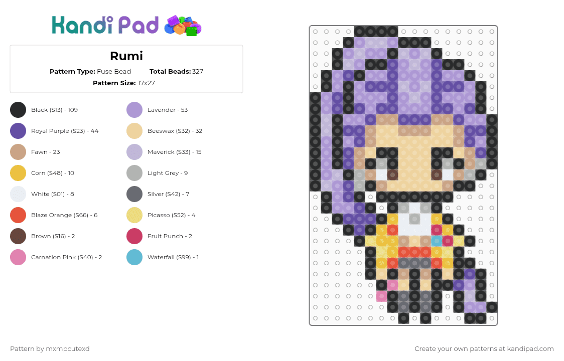 Rumi - Fuse Bead Pattern by mxmpcutexd on Kandi Pad - beige,purple,pink