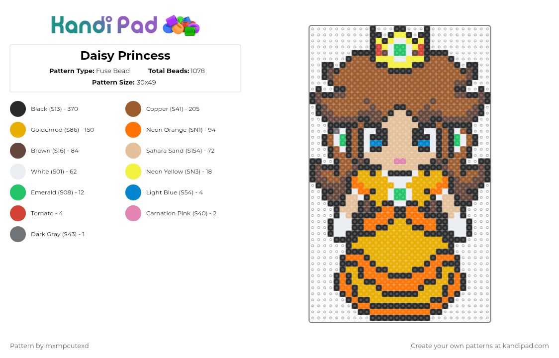 Daisy Princess - Fuse Bead Pattern by mxmpcutexd on Kandi Pad - daisy,princess,nintendo,mario,video game,gaming,beige,orange,tan,brown