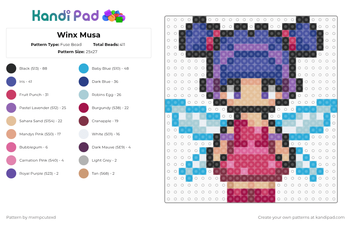 Winx Musa - Fuse Bead Pattern by mxmpcutexd on Kandi Pad - pink,light blue