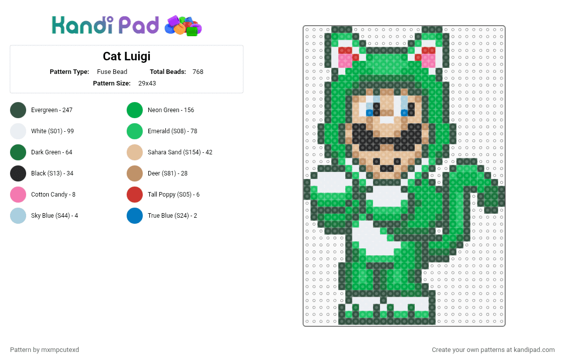 Cat Luigi - Fuse Bead Pattern by mxmpcutexd on Kandi Pad - gray,green