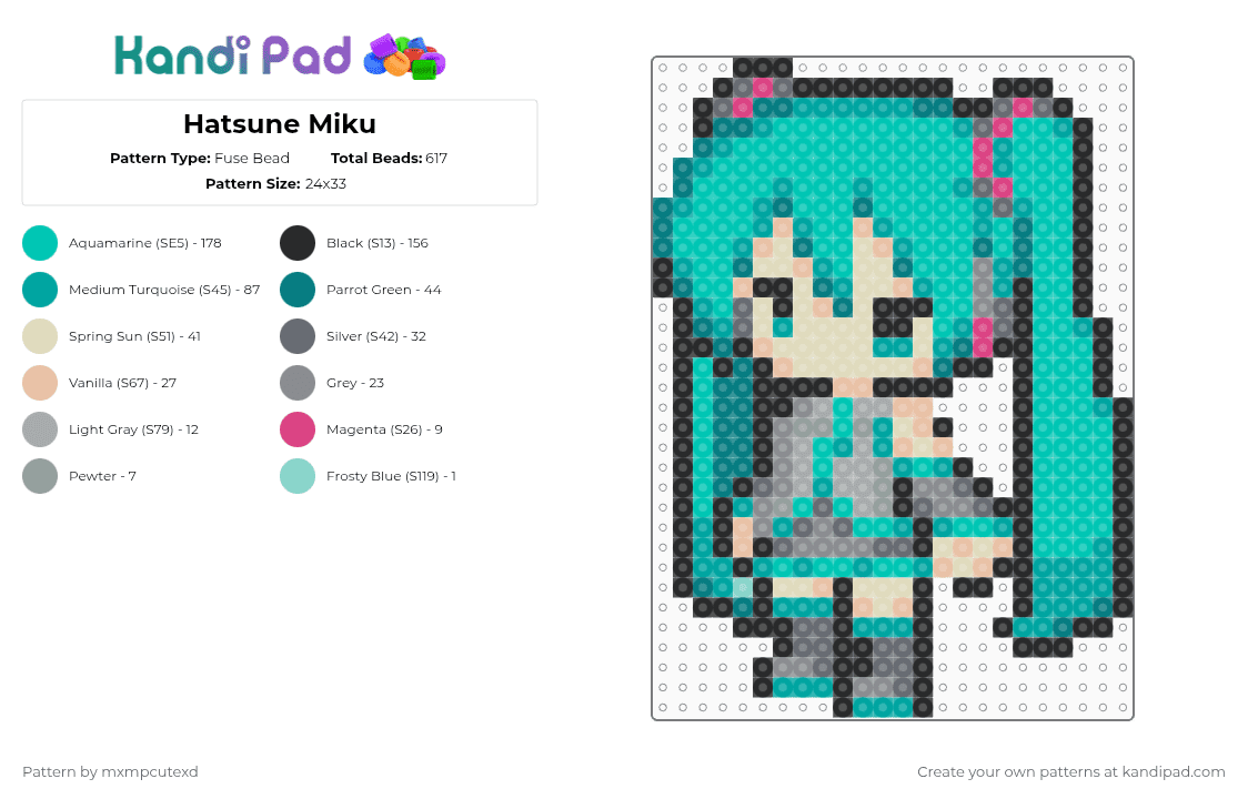Hatsune Miku - Fuse Bead Pattern by mxmpcutexd on Kandi Pad - teal