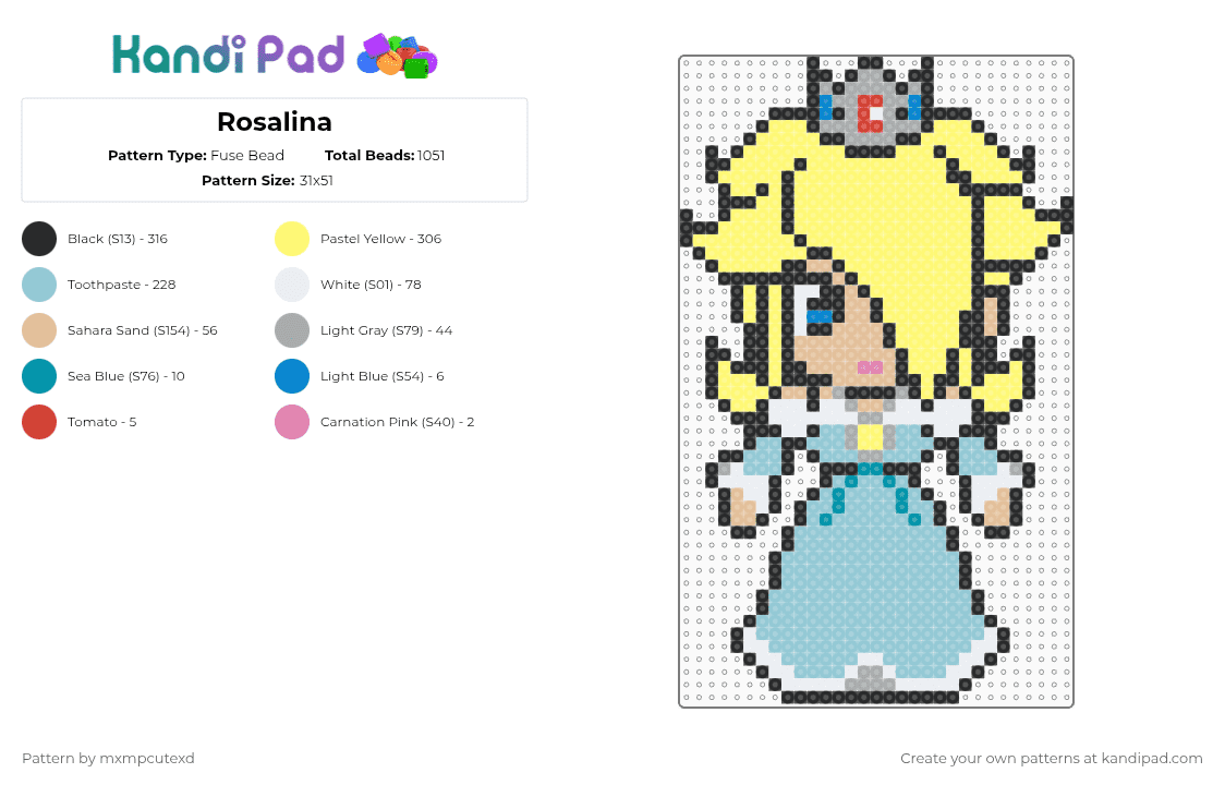 Rosalina - Fuse Bead Pattern by mxmpcutexd on Kandi Pad - rosalina,mario,character,nintendo,gaming,video game,yellow,light blue