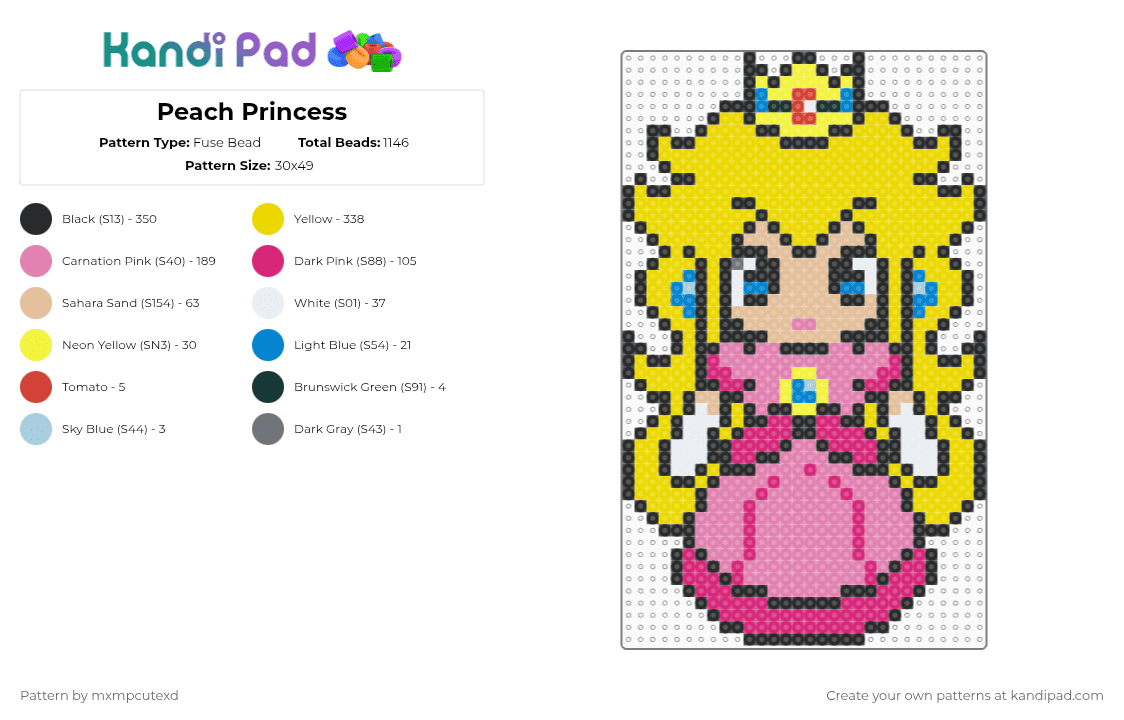Peach Princess - Fuse Bead Pattern by mxmpcutexd on Kandi Pad - princess peach,mario,character,nintendo,peach,princess,video game,gaming,pink,yellow