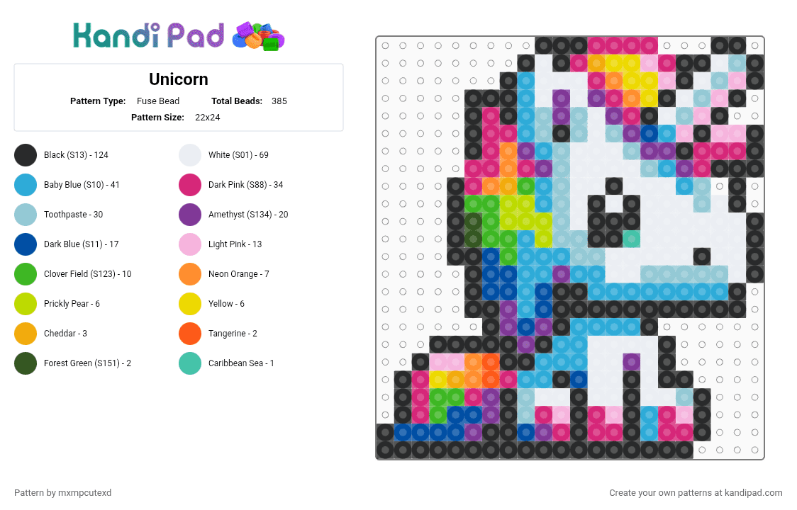 Unicorn - Fuse Bead Pattern by mxmpcutexd on Kandi Pad - unicorn,fantasy,mythical creature,animal,light blue,pink