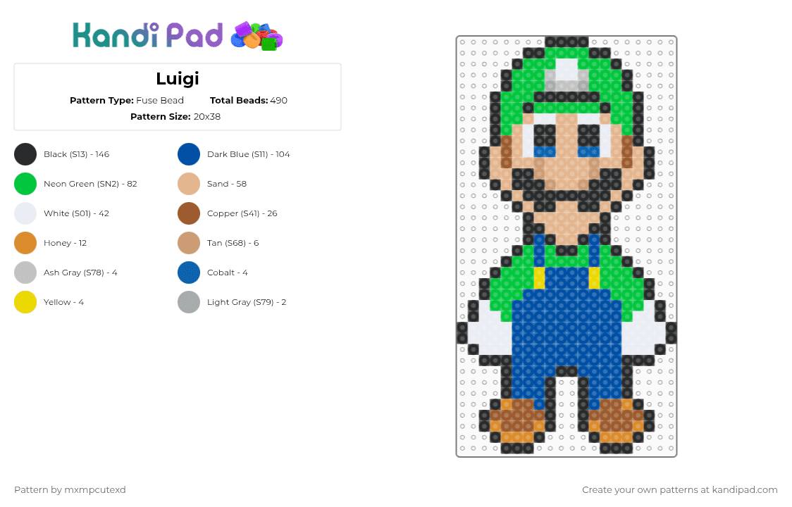 Luigi - Fuse Bead Pattern by mxmpcutexd on Kandi Pad - beige,green,blue