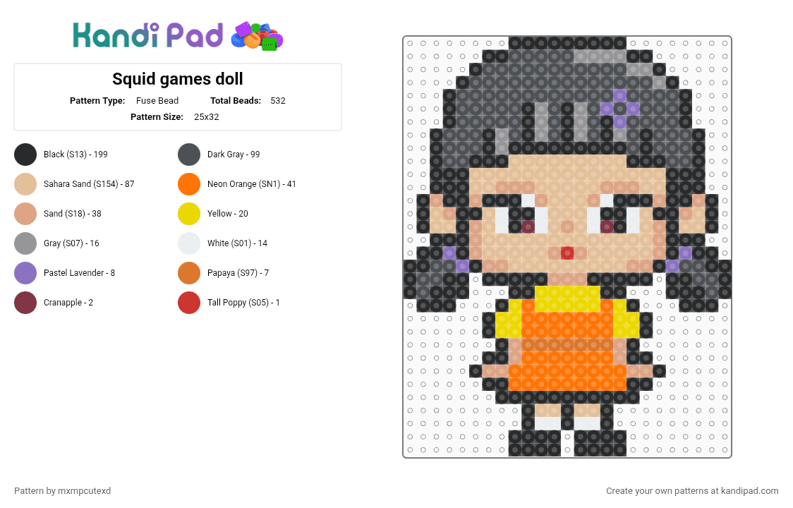 Squid games doll - Fuse Bead Pattern by mxmpcutexd on Kandi Pad - orange,beige,gray