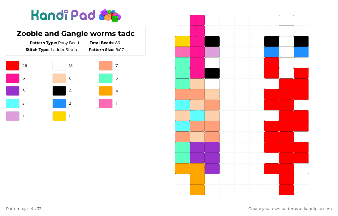 Zooble and Gangle worms tadc - Pony Bead Pattern by st4rz33 on Kandi Pad - pink,orange,red