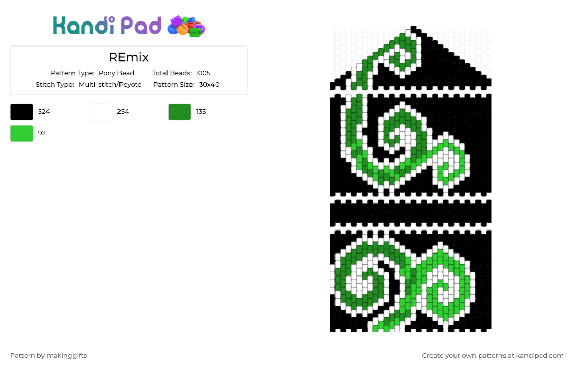 REmix - Pony Bead Pattern by makinggifts on Kandi Pad - white,green