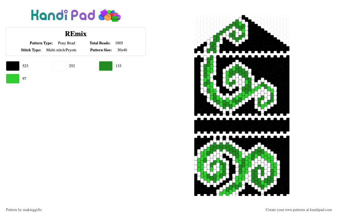 REmix - Pony Bead Pattern by makinggifts on Kandi Pad - green, white