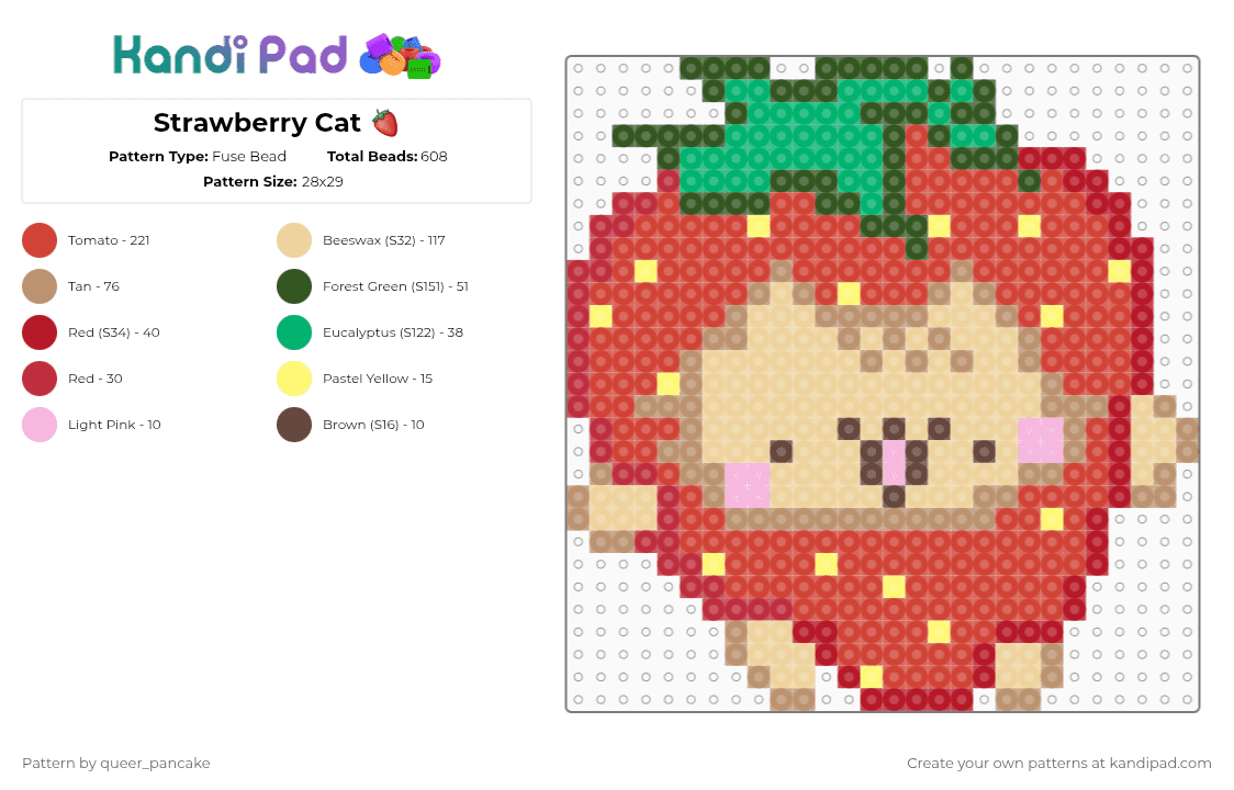 Strawberry Cat 🍓 - Fuse Bead Pattern by queer_pancake on Kandi Pad - beige,red