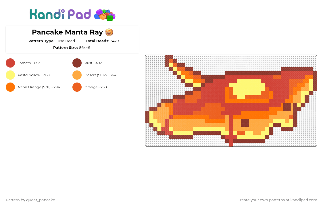 Pancake Manta Ray 🥞 - Fuse Bead Pattern by queer_pancake on Kandi Pad - red,orange